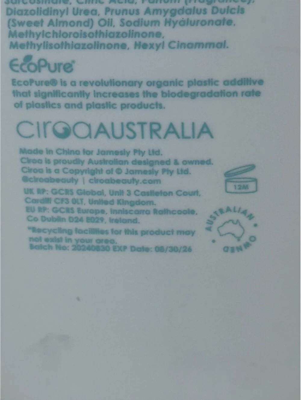 Ciroa Almond Milk & Hyaluronic Acid shower gel (Hydrate) 33 fl. oz